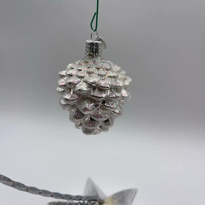 Old World Christmas Blown Glass, Pinecone, Silver With Glitter Ornament