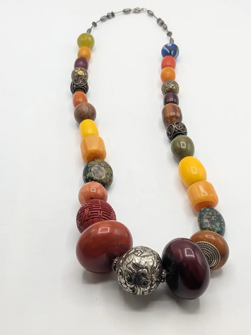 Vintage Tribal Chunky Multicolor Beaded Necklace with Silver Tone Accents
