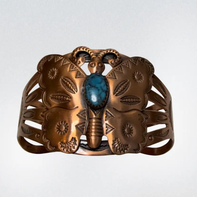 Vintage MCM Solid Copper Bell Trading Butterfly Cuff Bracelet