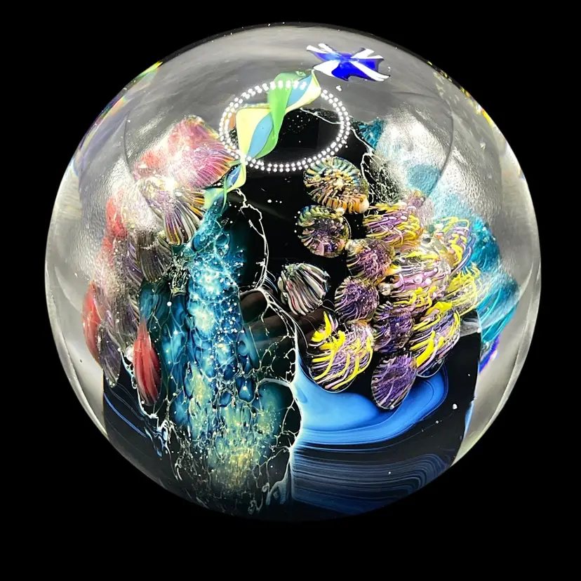 1994 Josh Simpson Handmade Paperweight Inhabited Planet Satellite and Spaceship
