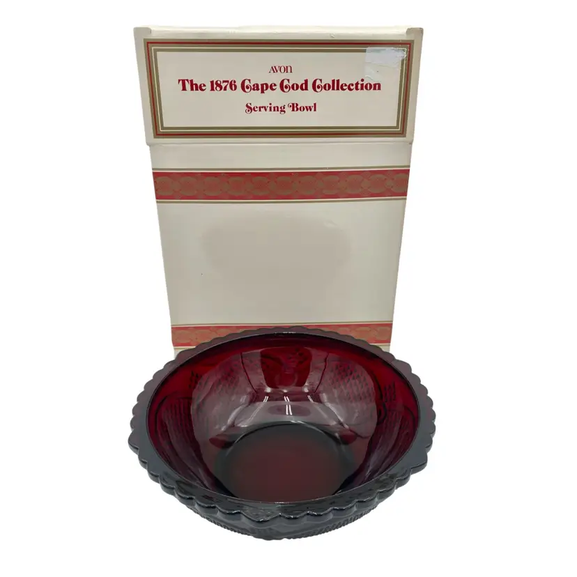 Vintage Avon 1876 Cape Cod Ruby Red Glass Serving Bowl, w/Sleeve & Box, 8.8"