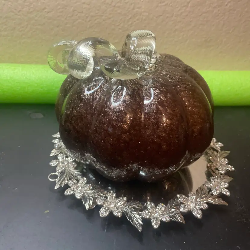 Gorgeous Signed Jack Pine 2012 Gold Aventurine 8” Clear Stem Art Glass Pumpkin