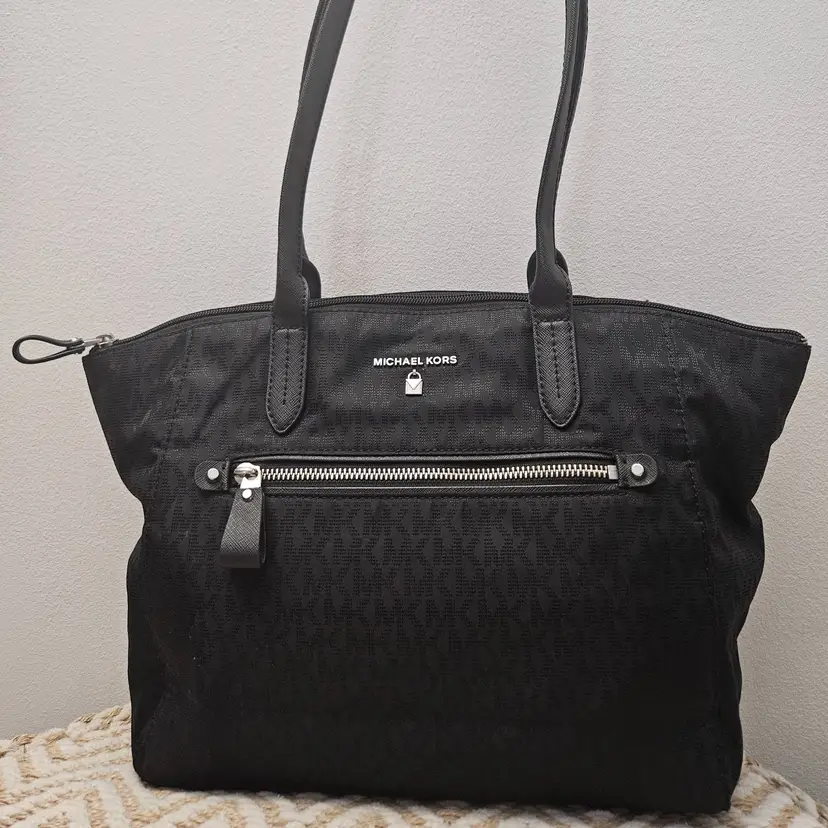 Michael Kors Black Nylon Kelsey MK Logo Tote Bag Purse