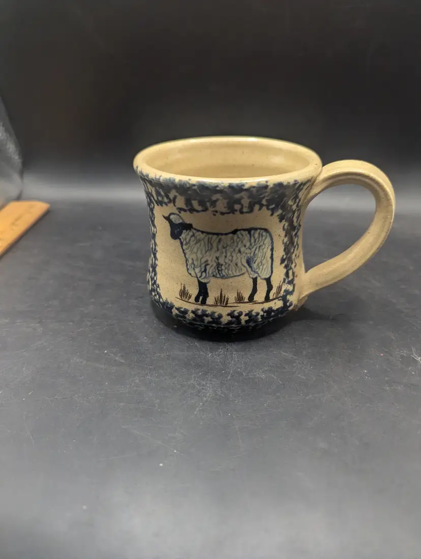 Vintage 1982 Stoneware Folk Art Pottery Sheep Mug By Nancy Anderson