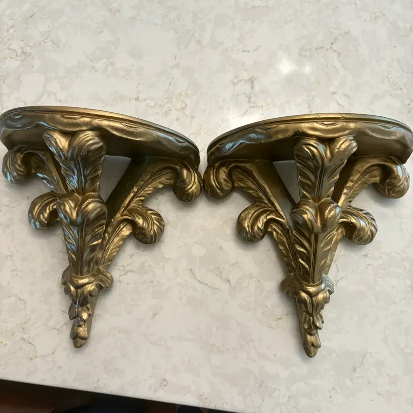 Pair Vtg Hollywood Regency Gold Gilt Plaster Wall Sconce Acanthus Leaf 8.5