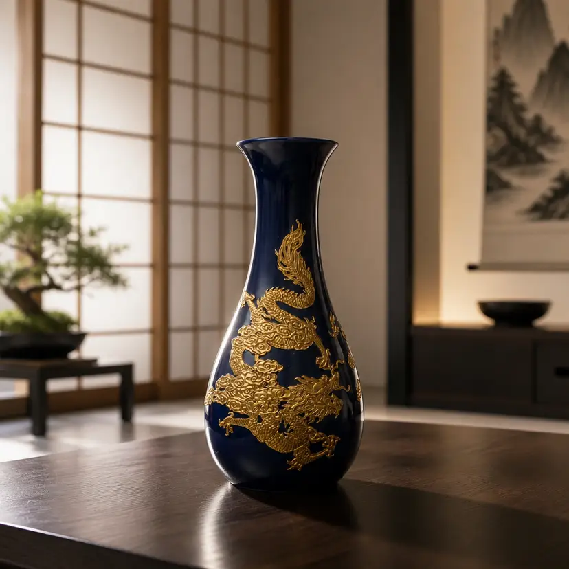 Cobalt Blue Chinese Lacquerware Vase w/ Gilded 3D Dragon, 9.5" with Base
