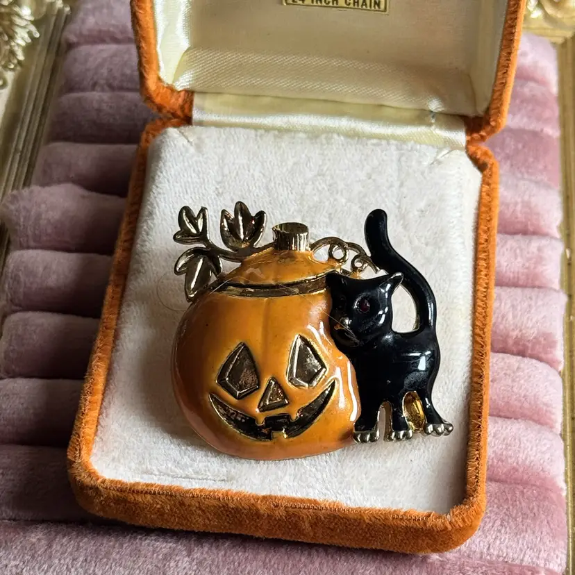 Vintage Pumpkin & Cat Enamel Brooch