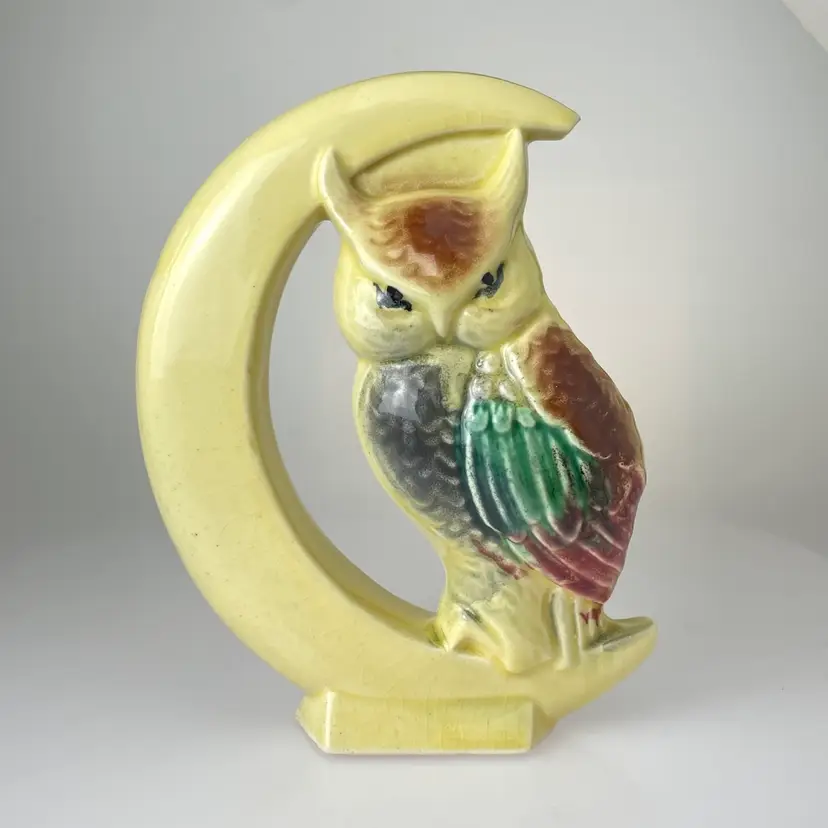SS 🪩✨| McCoy Crescent Moon Owl Ceramic Wall Pocket Planter Vase 1930s Vintage 7.25x5.5"