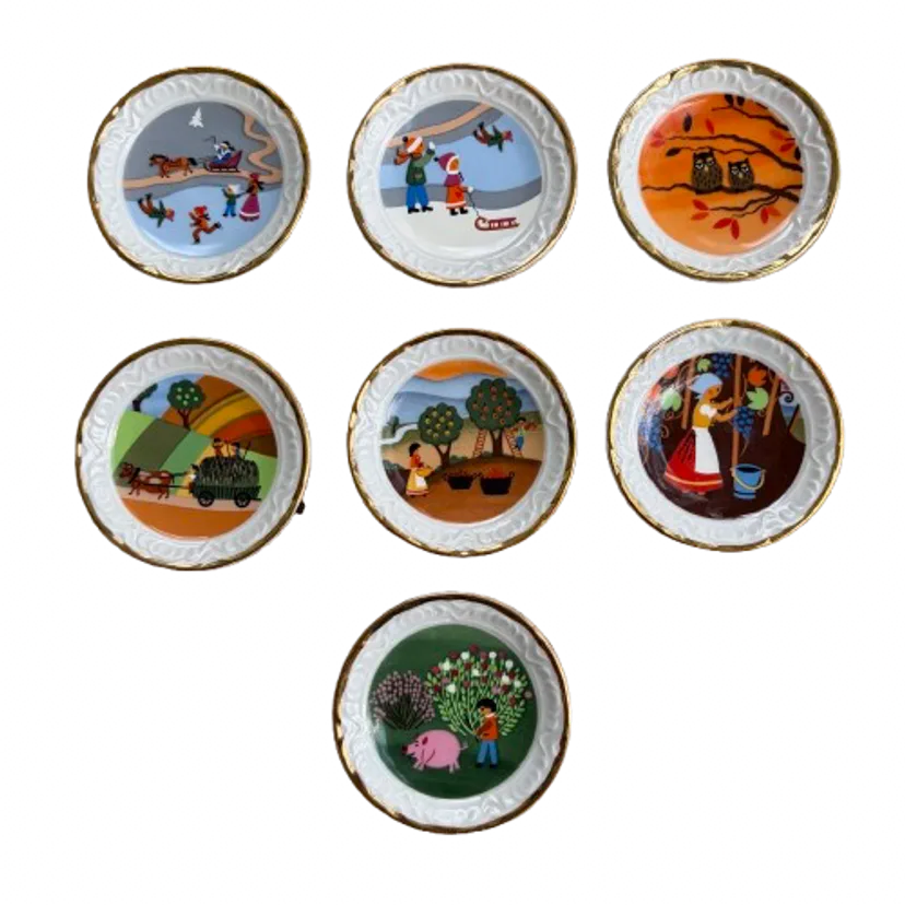 VTG Mitterteich Bavaria Barbara Furstenhofer 7 Mini Plates of 4 Seasons Folk Art