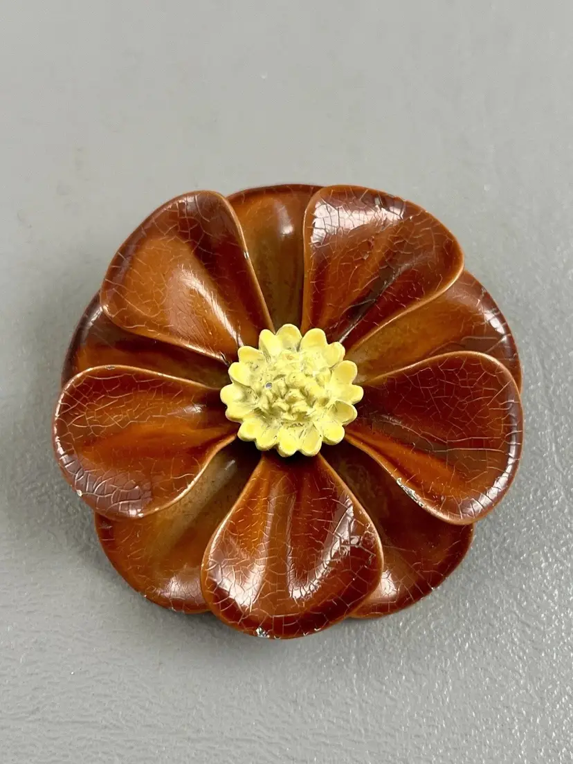 Vintage Brown Enamel Flower Brooch Pin Yellow Center 1970s Flower Power Jewelry