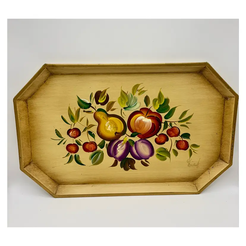 Vintage MCM Nashco Hand Painted Fruit Still Life Metal  Tole Serving Tray