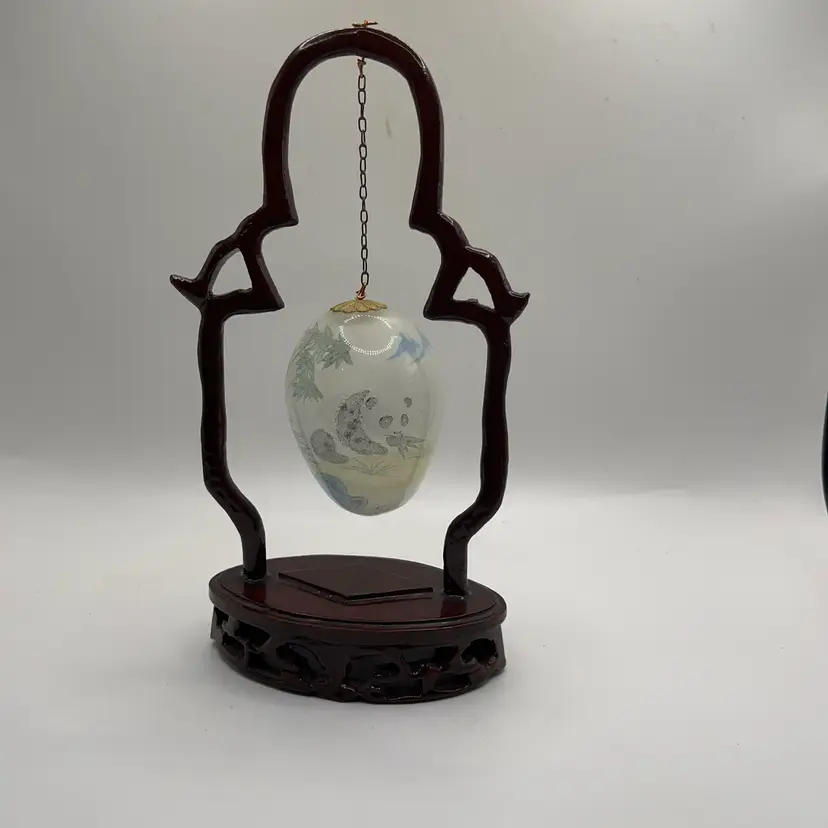 Vintage Chinese Glass Egg W/ Panda Scene Hanging Ornament  Curved Wood Hand Painted Asian Style