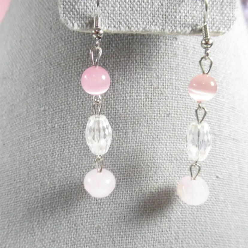 Pink and white/clear beaded handmade earrings