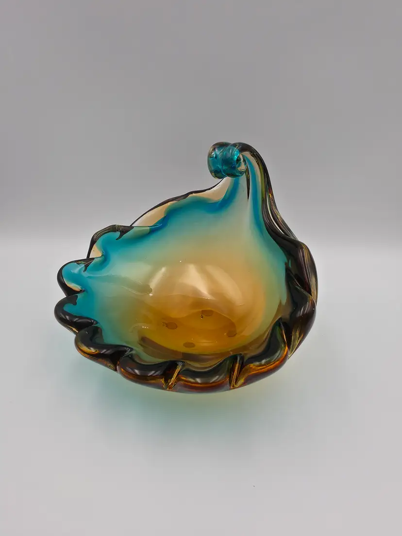 Amber and Teal Art Glass Shell Dish