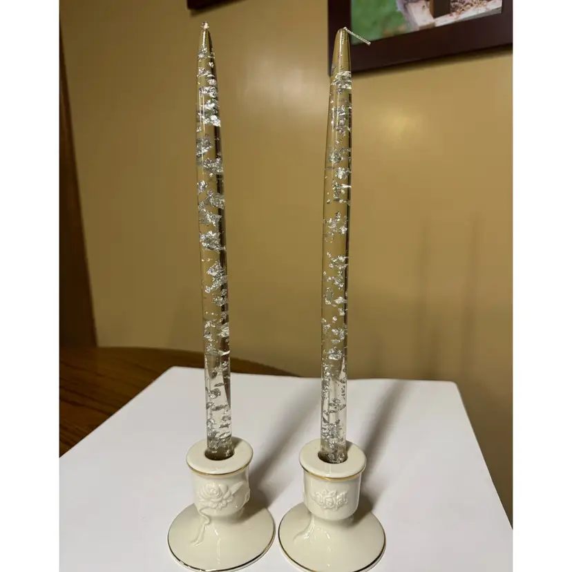 Lucite taper candles clear filled with silver flecks 12” tall