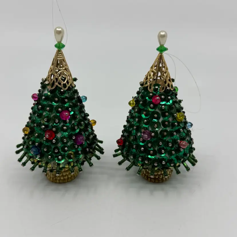 2 Vintage Green Sequin & Bead Pushpin Christmas Tree Shaped Ornaments 3.75”