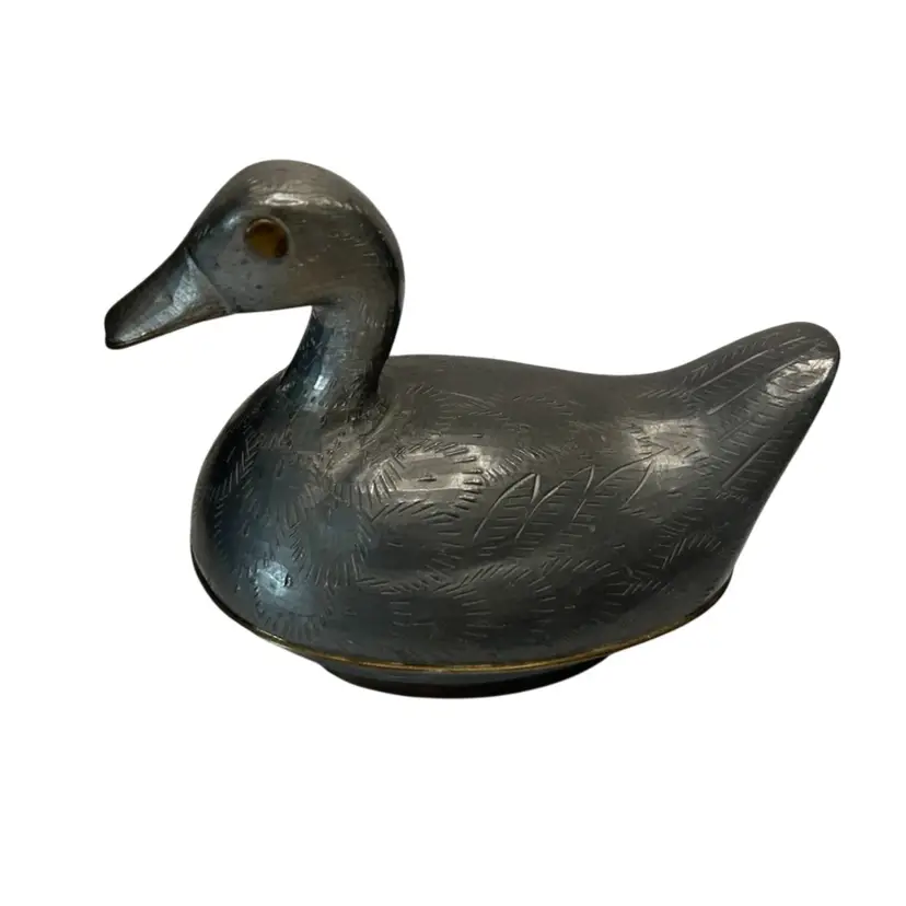 Made In Hong Kong Pewter Duck Shaped Trinket With Etching And Brass Accents 
@4x5