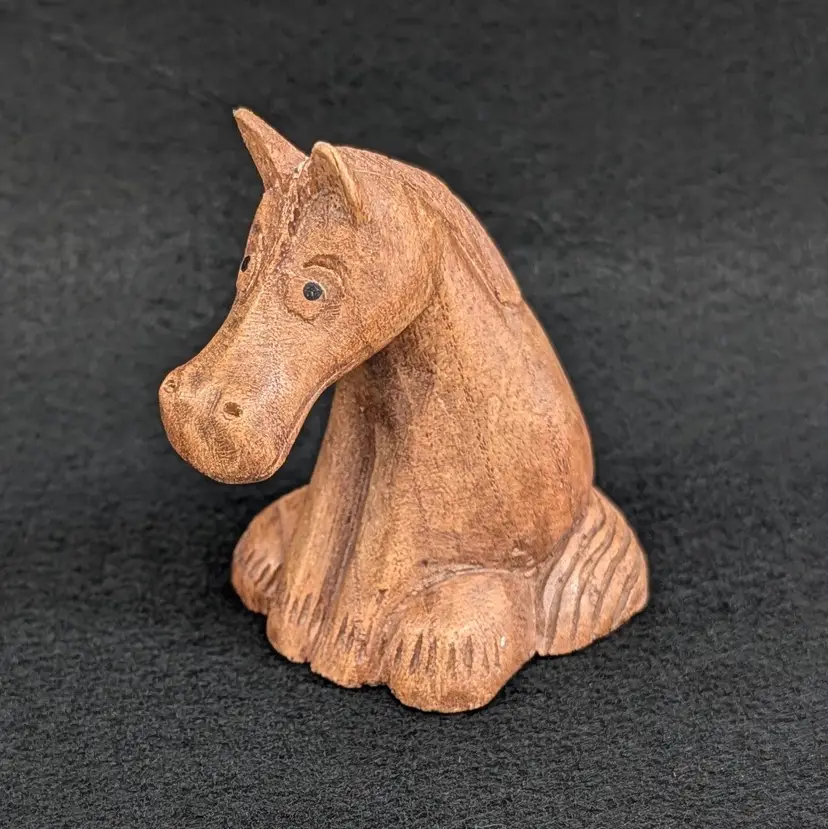 Vintage Hand Carved Wooden Sitting Horse Figurine Folk Art Sculpture Derpy