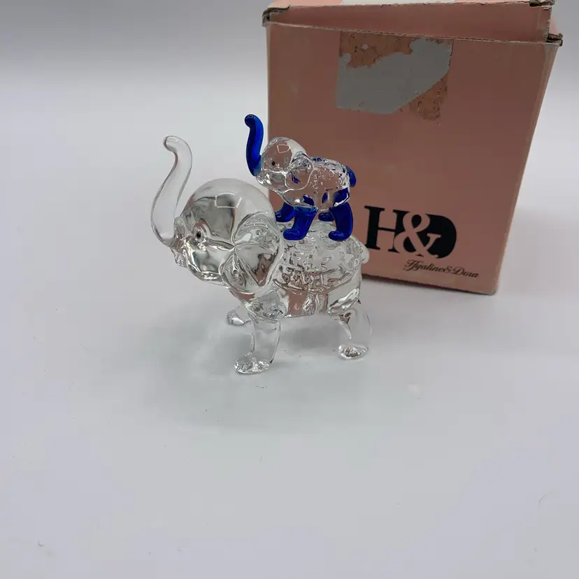 H&D HYALINE & DORA elephant With Baby Statue Figurine in Box 3.5”