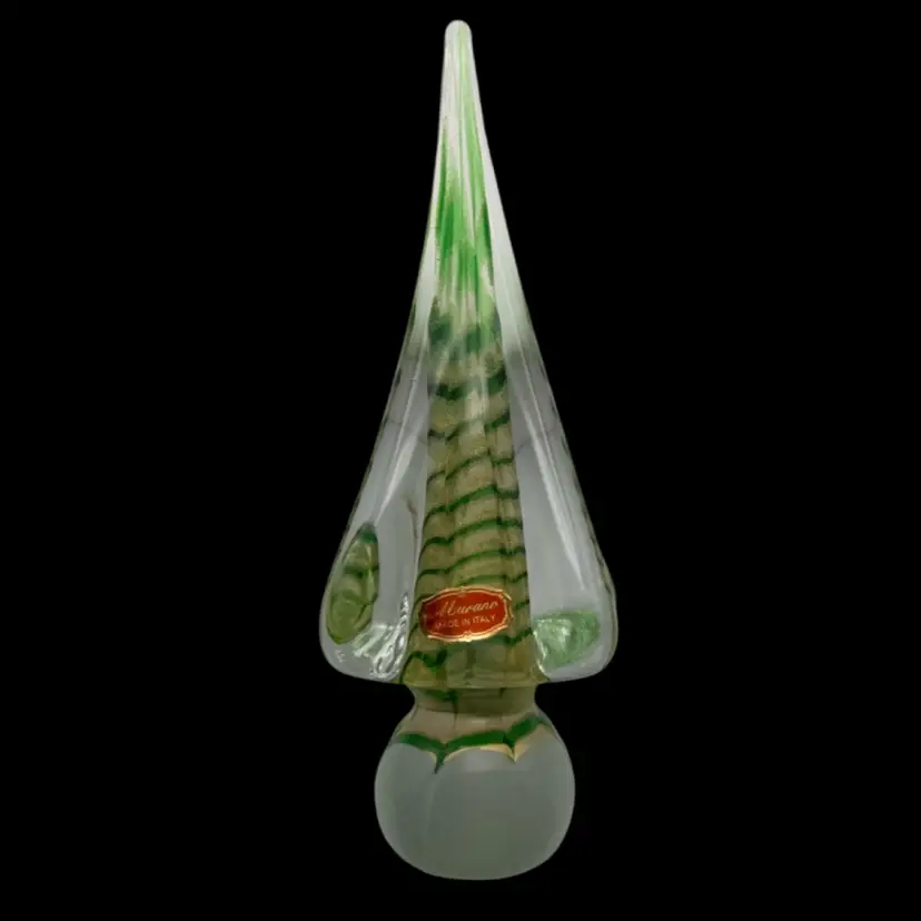 Murano Vintage MCM Art Glass Christmas Tree Feathered Pulled Green & Gold Aventurine, Frosted Round Base Figurine Paperweight - Original Sticker - 9.5”