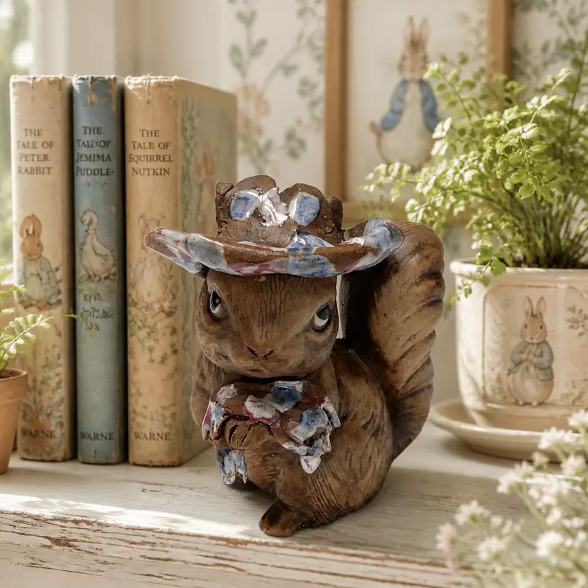 Hand Painted Whimsical Ceramic Squirrel Wearing Patterned Hat, 3.5" Tall
