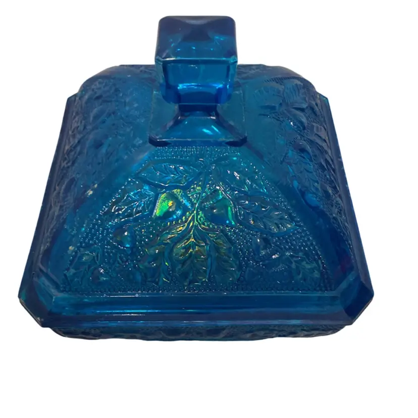 🎉Jennette Glass Blue “Acorn” Pattern Candy Dish - Call Outs