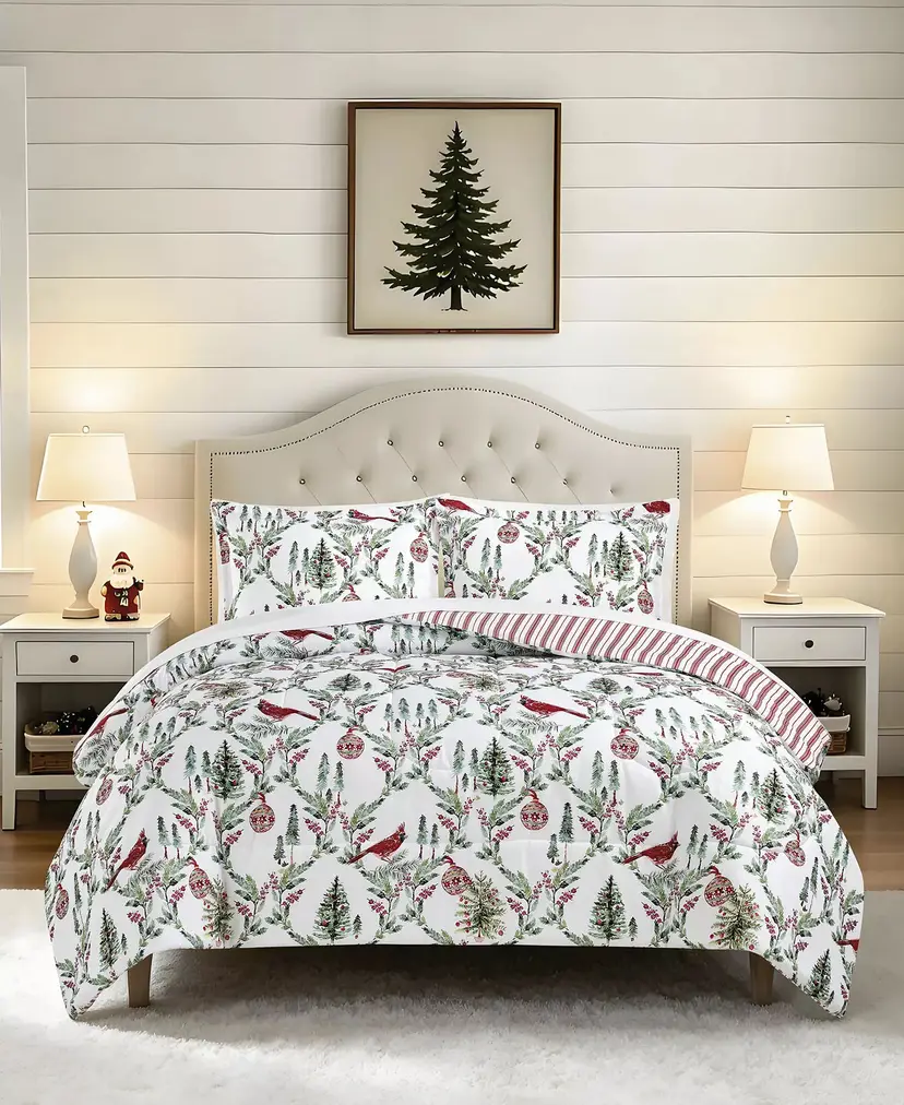 FAIRFIELD SQUARE  Holiday Pine Cardinal Reversible Microfiber 3-Piece Comforter Set NWT