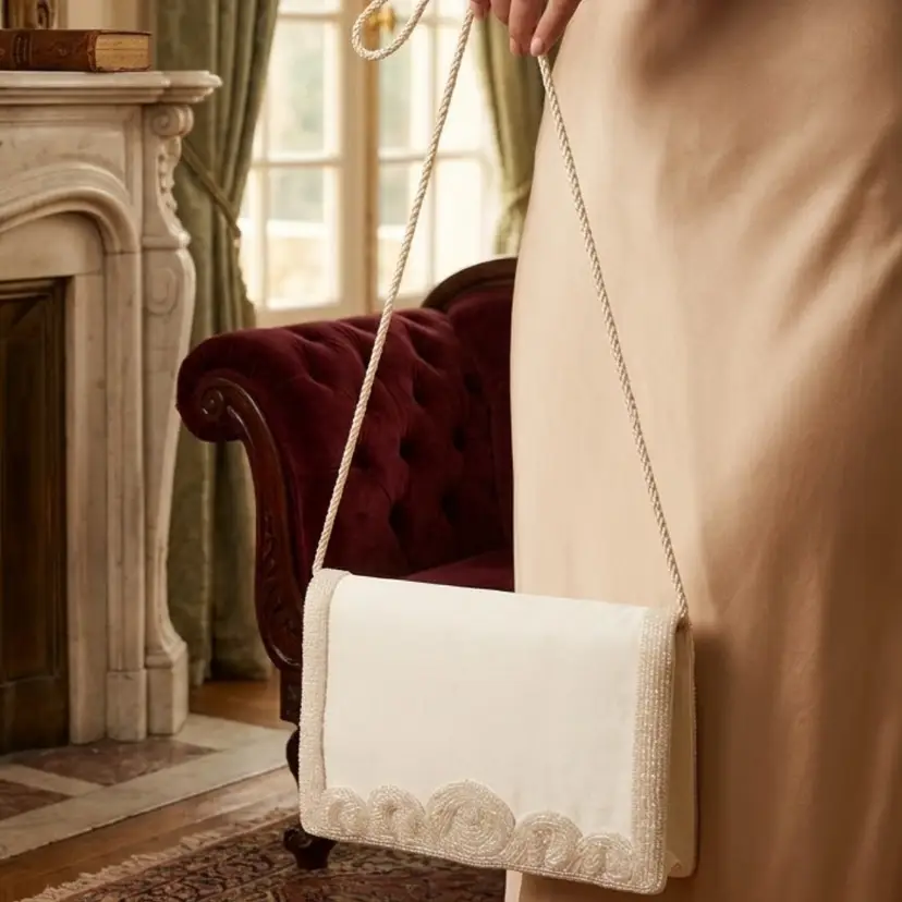 1950s-1960s La Regale Ivory Beaded Shoulder Strap Purse Read