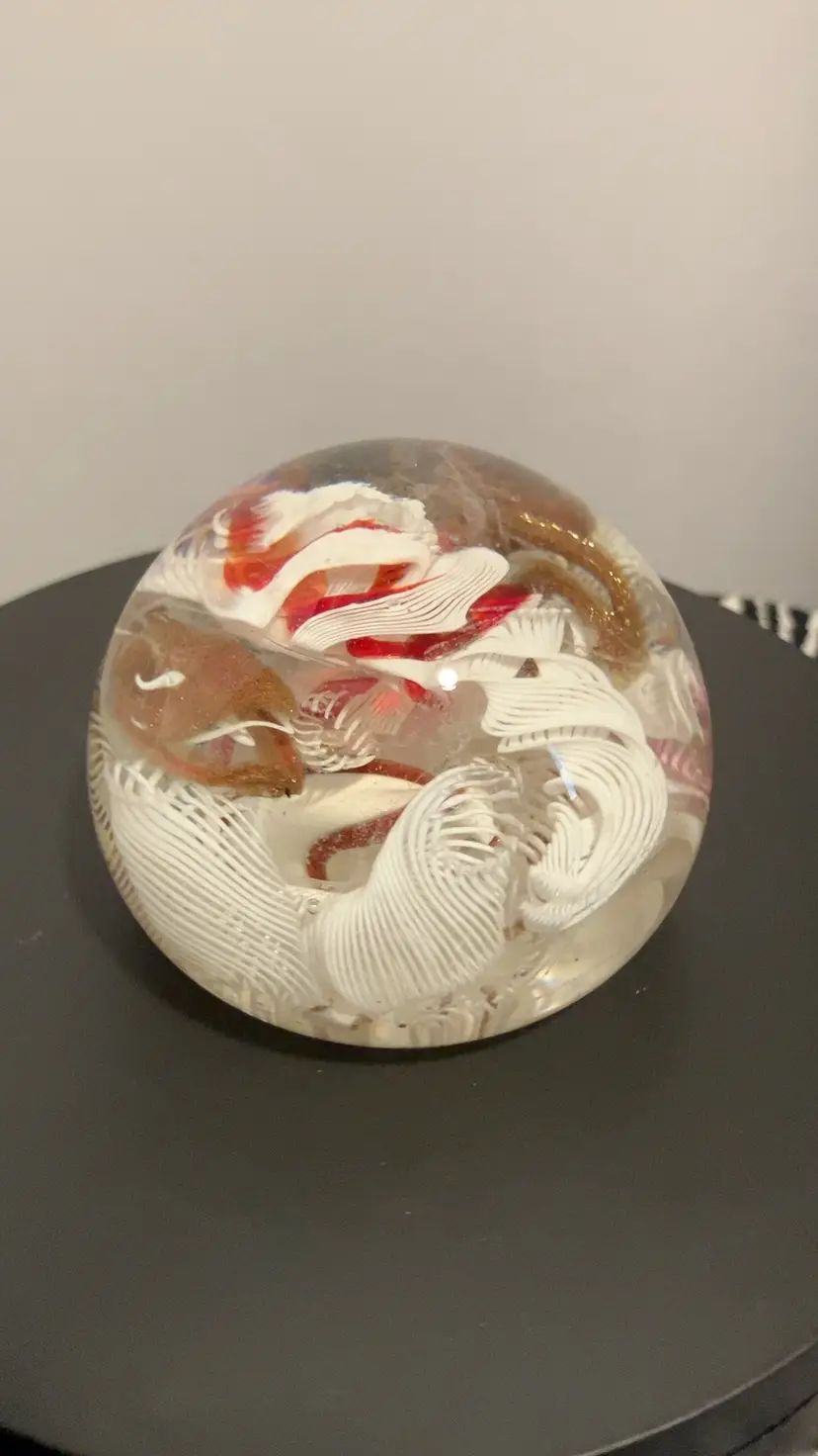 Beautiful latticino and ribbon scramble paperweight 2.5”