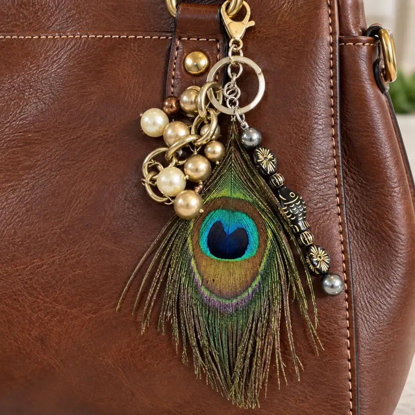 Peacock Feather Purse Charm, Pearl Bead Bag Charm, Fish Charm Keychain, Boho Handbag Accessory