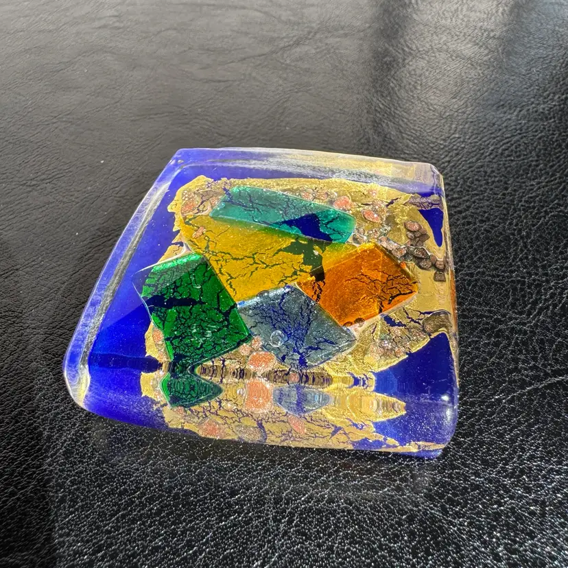 #0076 A Murano fused glass and Oro square paperweight with original label.