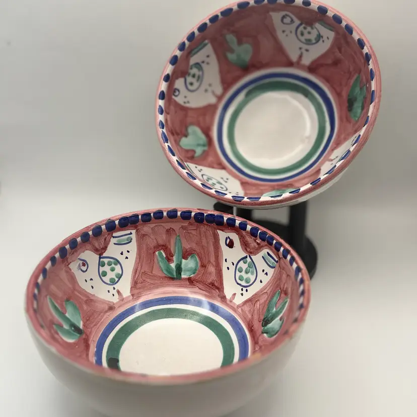 Solimene Vietri Campagna Chick Red Border Blue Dots Bowls Set / 2