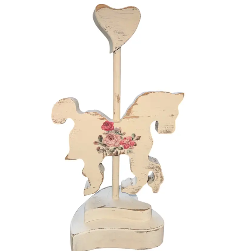 Vintage 80s Wooden Floral Carousel Horse, country cottagecore decor