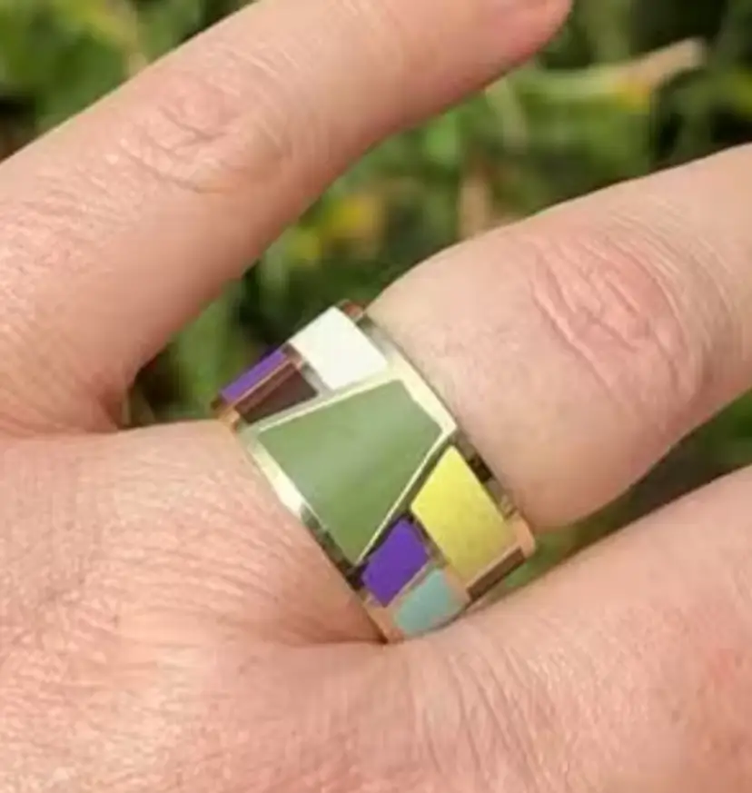 Gold Plated Enamel Wide Band Ring Size 9, Multi Colored Enamel Inlay Ring