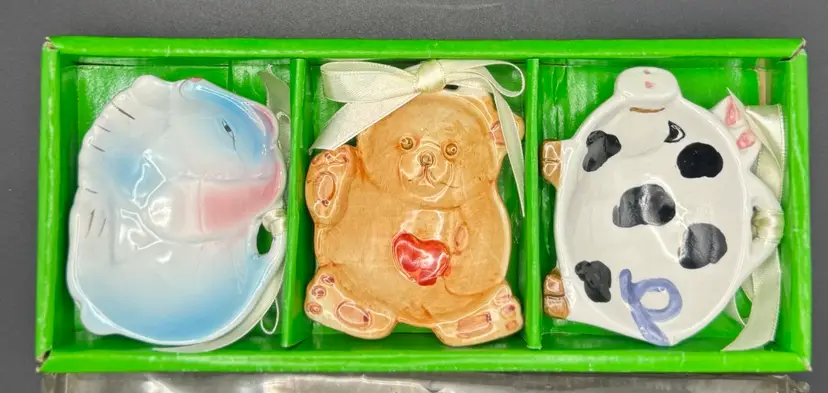 Set Of 3 Ceramic Ornaments: Pig, Bear, Rabbit 3” X 2.5”