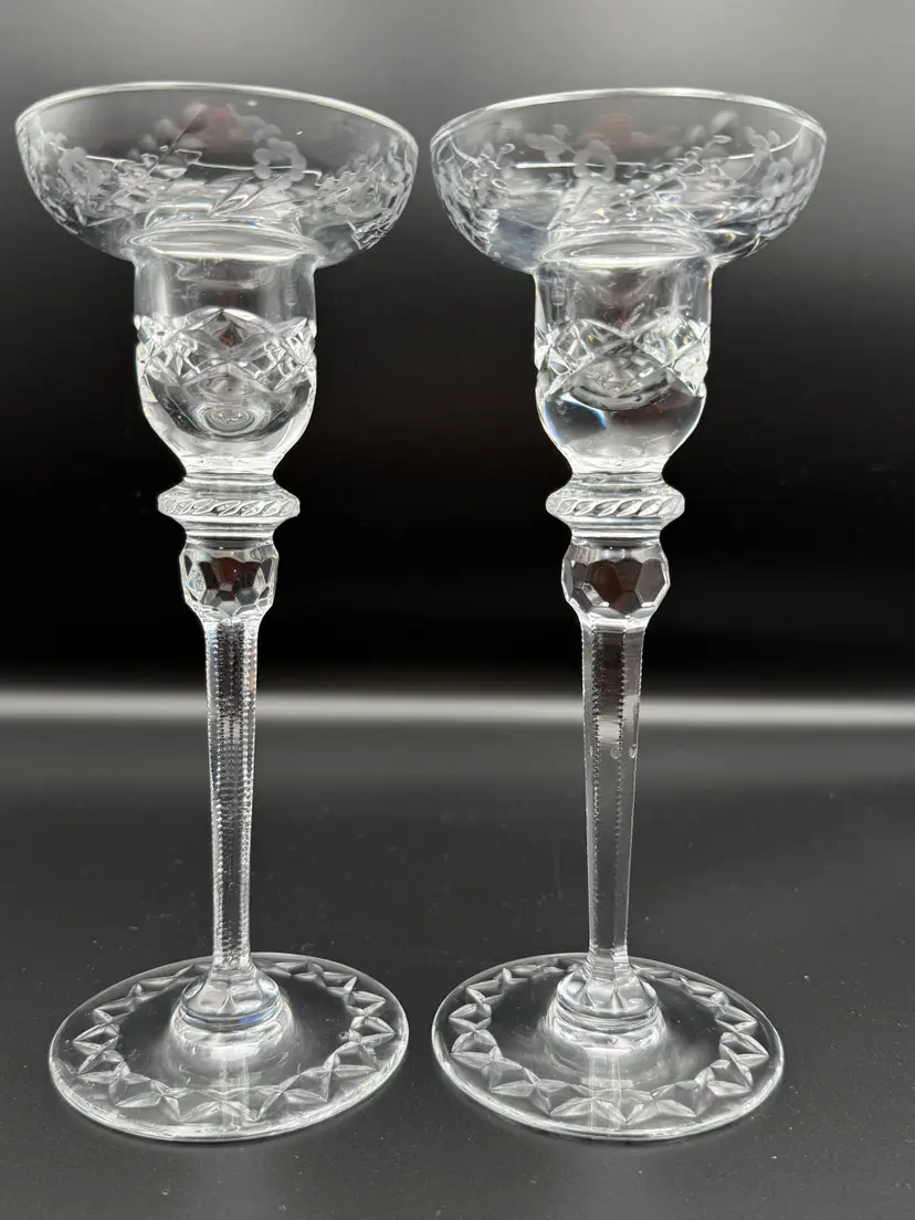 Vintage Rogaska Crystal Gallia 7" Candlestick Holders Hand Cut Signed Slovenia