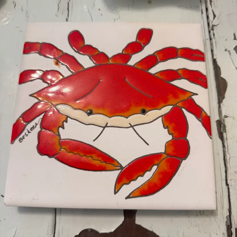 Besheer CRAB Art Tile~Trivet Wall Art ~Seafood Beach Kitchen Ocean Seashore