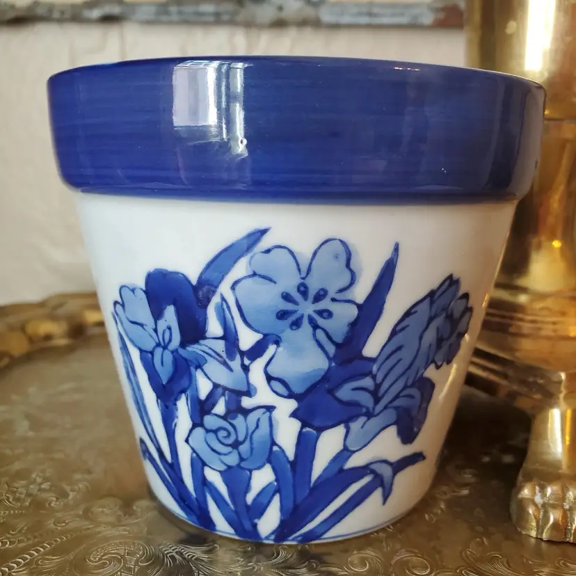 Blue and White Ceramic Planter Pot