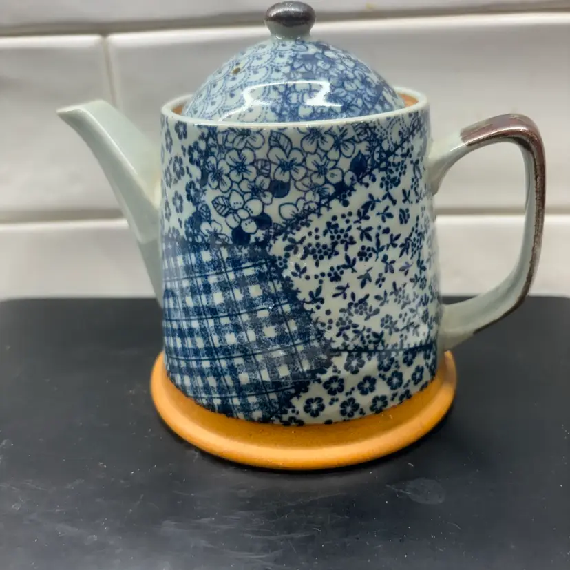 Vtg Japanese Blue & White Patchwork Calico Small Stoneware Teapot Floral Gingham