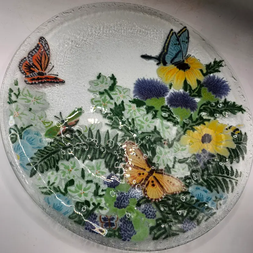 Peggy Karr fused glass plater Serving Plate Vintage Signed meadow butterflies