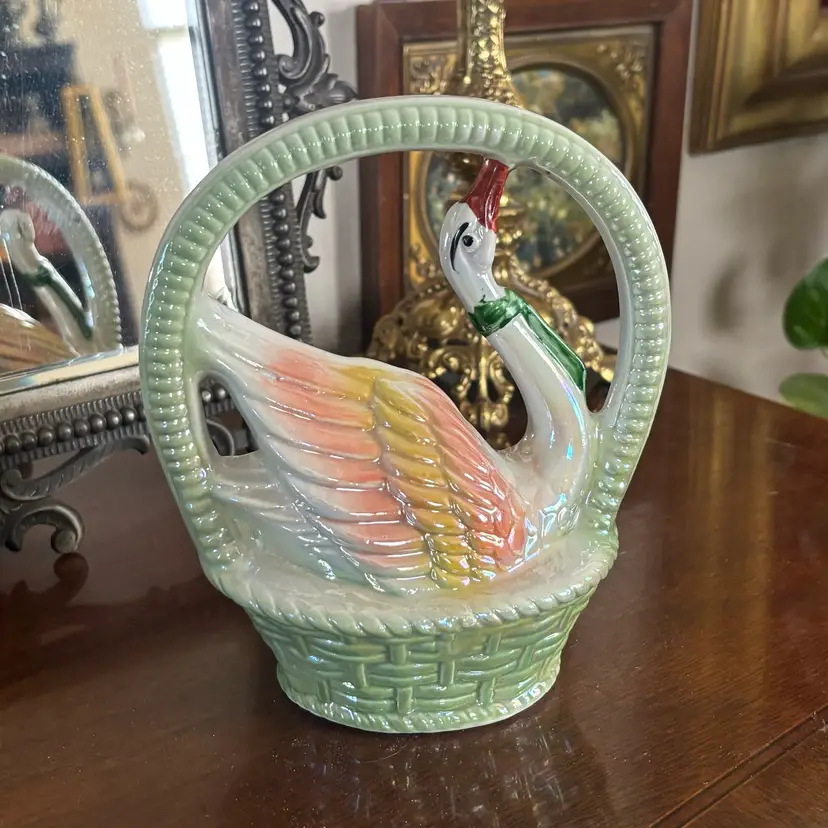 🐇Vintage Brazilian Porcelain Lusterware Swan in Basket Figurine
