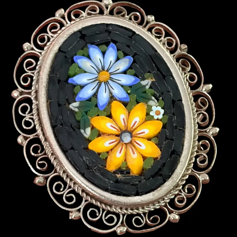 $1 Start! Italian Micro Mosaic Oval Brooch Pin Black Floral Filigree