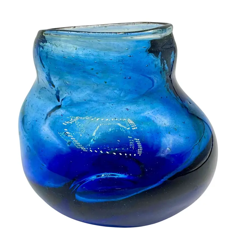 Handblown Studio Art Glass Vase Abstract Bulb Blue Bubble 4.25”