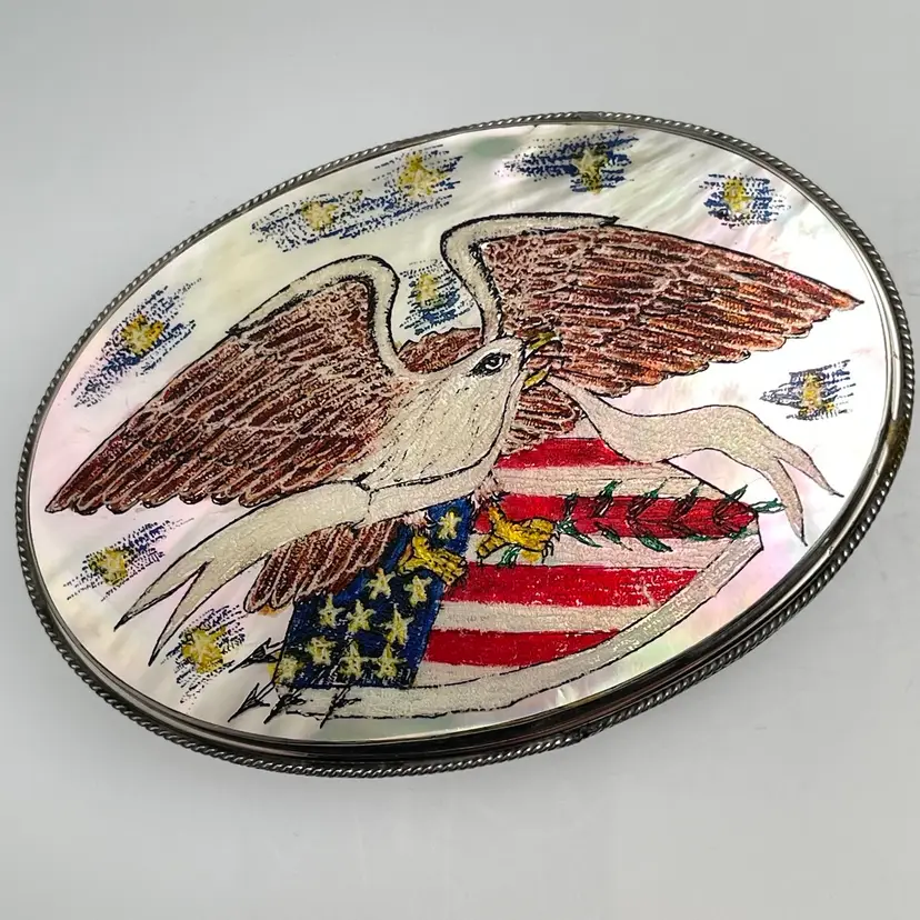 Mother of Pearl MOP Bald Eagle Flag Belt Buckle Vintage Americana Shell 3.25"