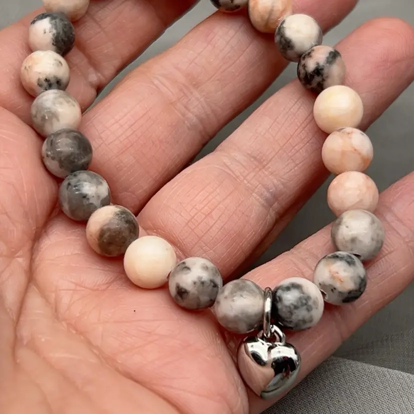 Pink Zebra Jasper Stone Stretch Bracelet Silver Tone Heart Charm