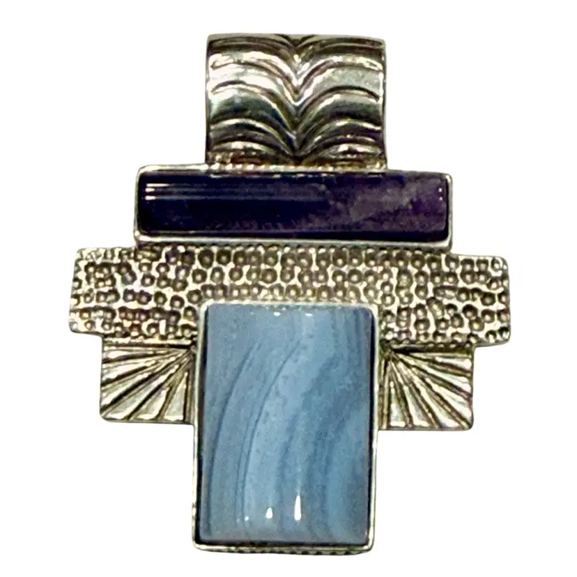 Desert Rose Trading Sterling Silver Lace Agate & Amethyst Art Deco Revival Pendant 1.5”, 16.5g