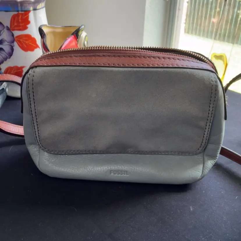 Fossil Blue/grey Leather And Suede Crossbody Purse Bag