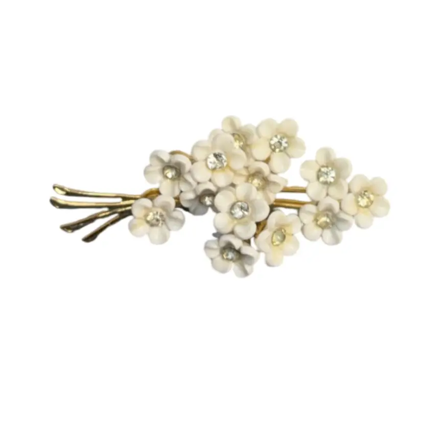 Signed Coro White Rhinestone Floral Pin  2”