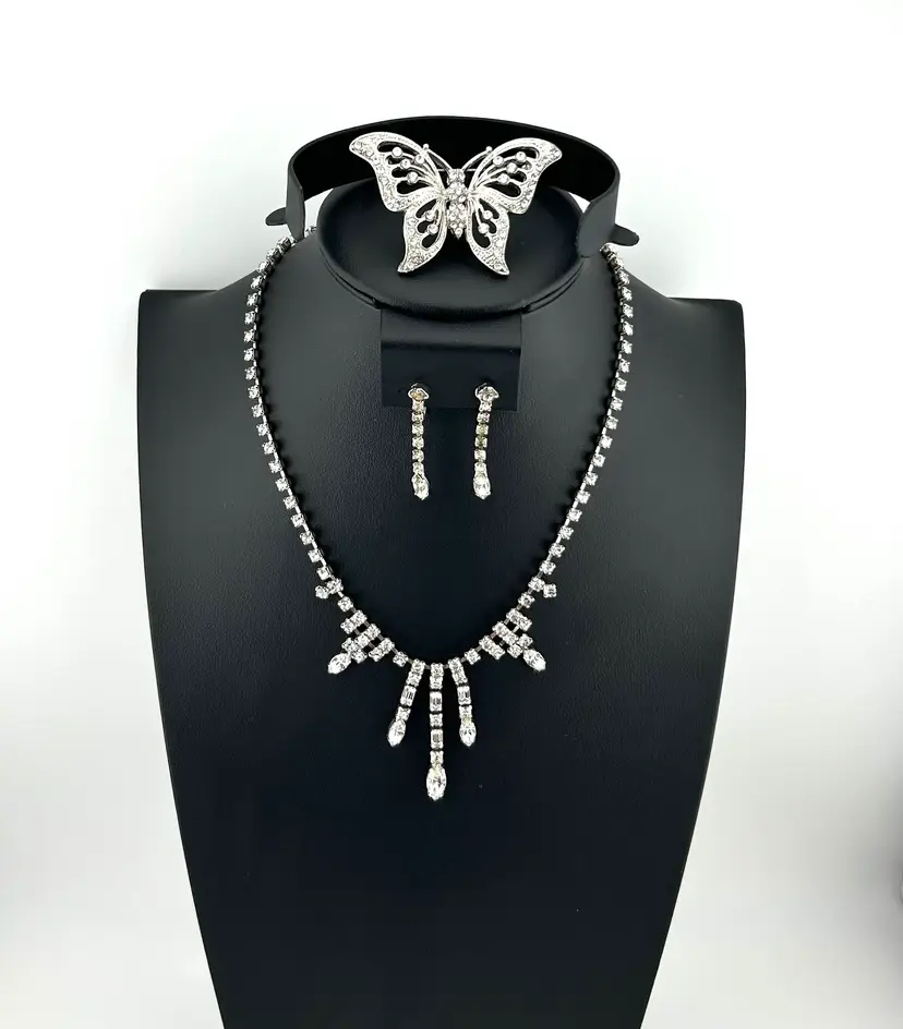 Vintage Rhinestone Necklace Clip-on Earring and Butterfly Brooch Set