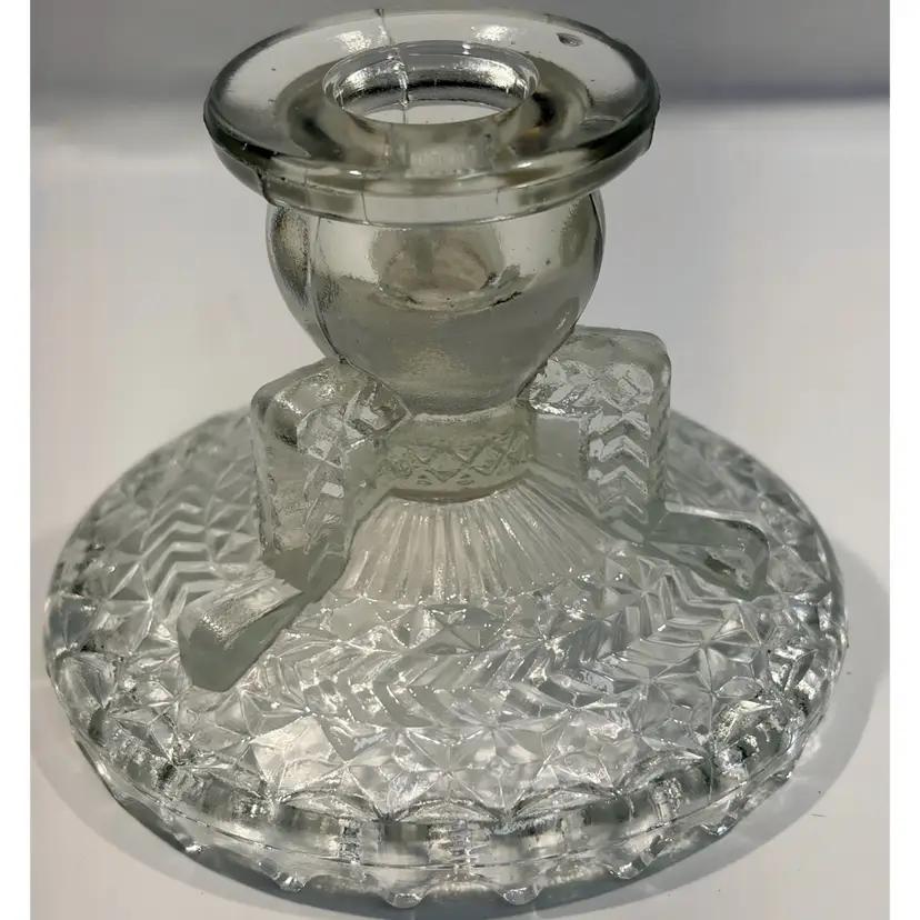 Vintage 1950’s Anchor Hocking Glass Candlestick Holder - Stars & Laurel / Herringbone Pattern- 3.5”